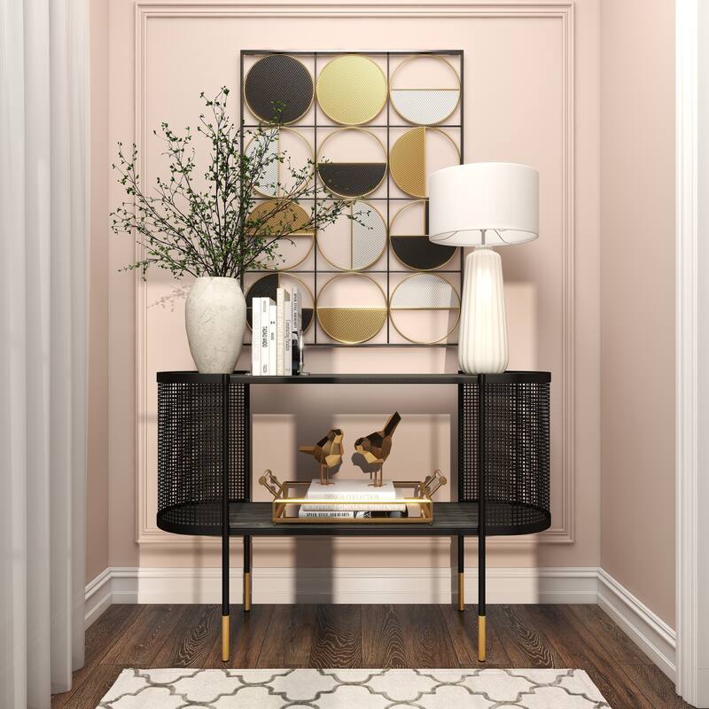 Black Metal Mesh Side Panel 1 Shelf Console Table with Open Center Storage