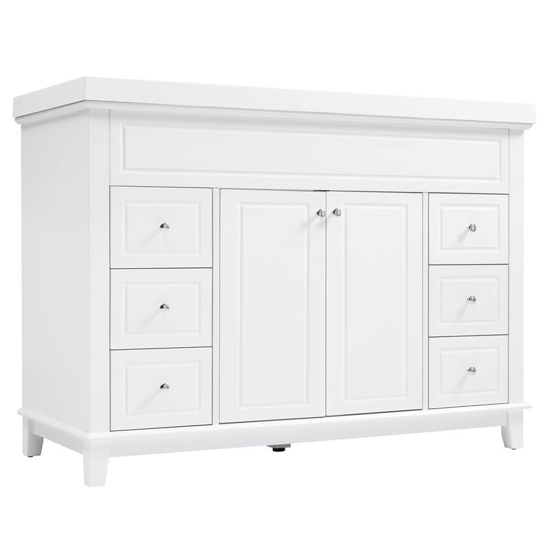 Roomfitters 48" Bathroom Vanity with Integrated Resin Sink, 6 Soft-Close Drawers and Double Doors with 2-Tier Shelving, White