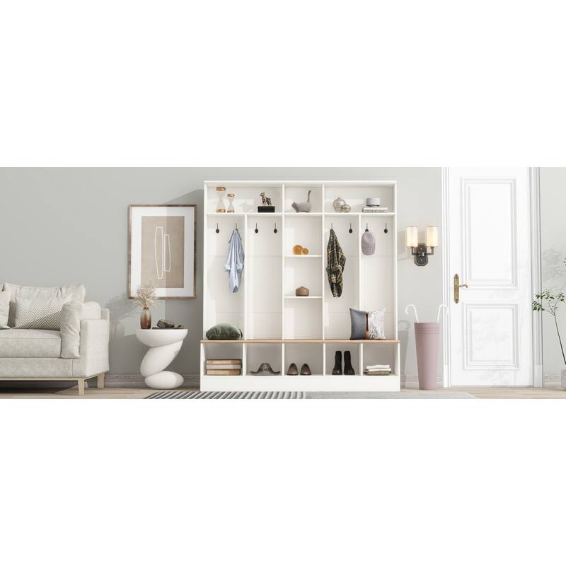Hall Tree with Storage Bench, Multifunctional Coat Rack with 8 Hooks