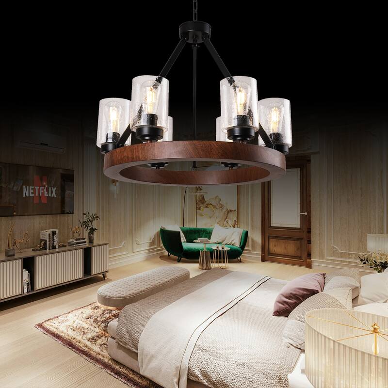 25.2-Inch Modern Farmhouse Chandelier for Dining Room, Black Rustic 6-Light Fixture with Clear Glass Shades