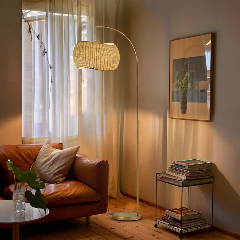 Brightech Wave 81 in. Antique Brass Mid-Century Modern LED Super Bright Floor Lamp with Beige Bamboo Drum Shade
