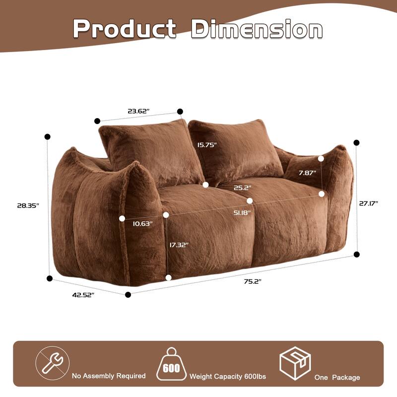 Fabric Upholstered Oversized Chase Lounge Loveseat Bean Bag Lazy Sofa with 2 Pillows