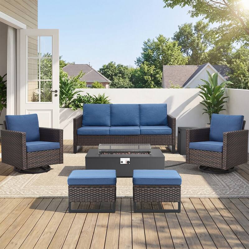 Pocassy 7-Piece Patio Sofa Swivel Chair Ottoman with Fire Table - Brown Wicker Blue Cushion - 7-Piece Sofa Swivel Chair Ottoman with Fire Table