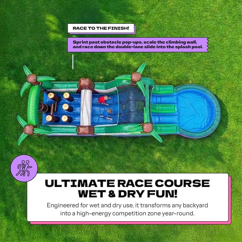 POP JUMP Tropical 28' Obstacle Course with Slide - Green - 8' x 28' x 9'