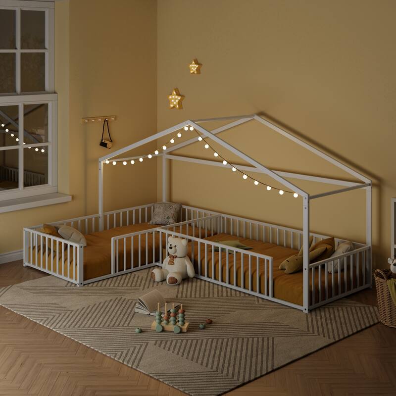 Twin Size L-shaped Corner Montessori Bed with Fence, Metal House-shaped Bed Frame, Without Slats, Floor House Bed for 2 Kids - White - Twin