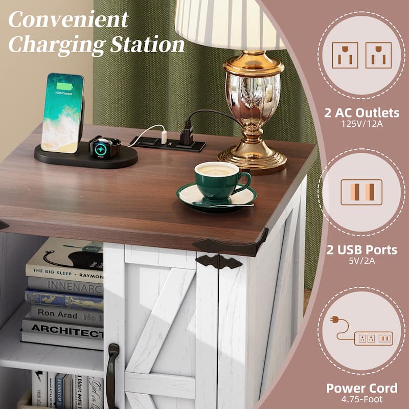 Farmhouse End Table Sofa Side Table with Charging Station