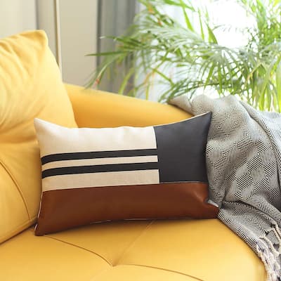 Boho-Chic Lumbar Decorative Vegan Faux Leather Pillow Cover & Insert