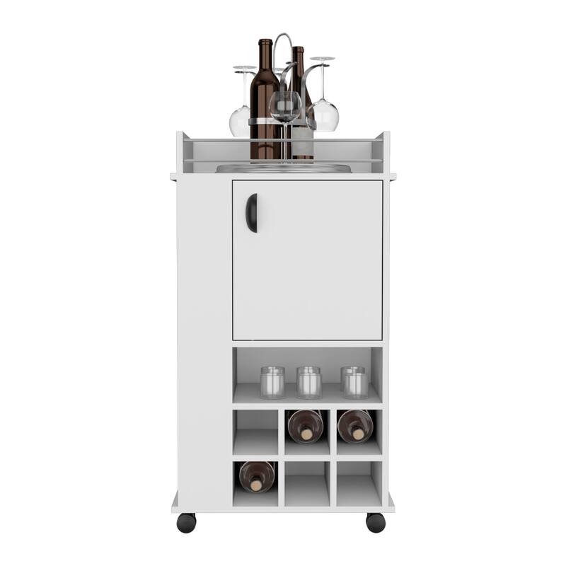 Rolling Bar Cart with 6 Wine Rack, White Finish, Pre-Drilled Holes & Easy Assembly for Home Use