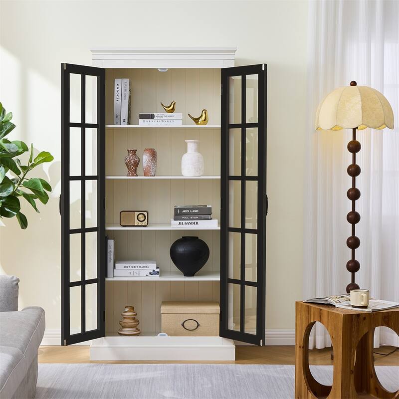 71.2'' Tall Display Cabinet w/Glass Doors,China Cabinet,Curio Cabinet - Black+Cream White