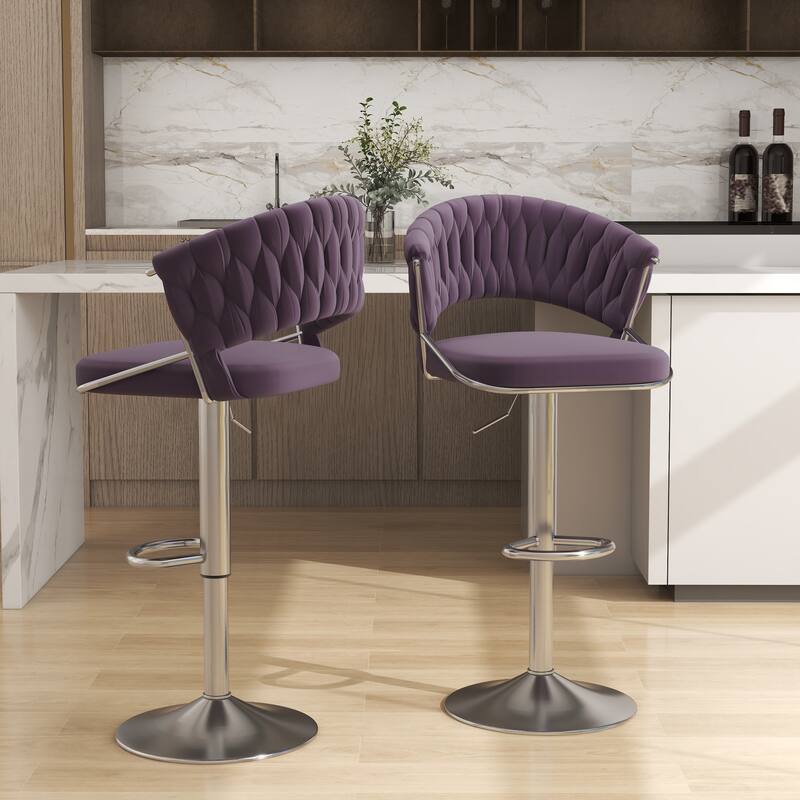 Set of 2 Modern Velvet Adjustable Bar Stools with Backs