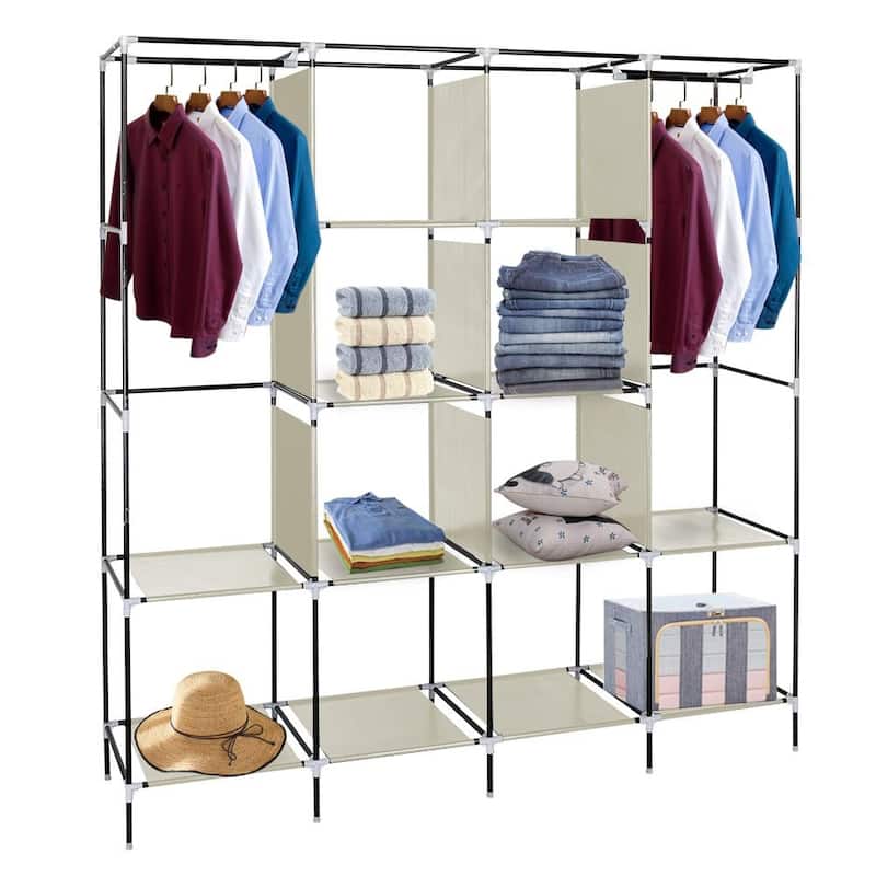67" Clothes Closet Portable Wardrobe Clothes Storage Rack 12 Shelves 4 Side Pockets,Beige