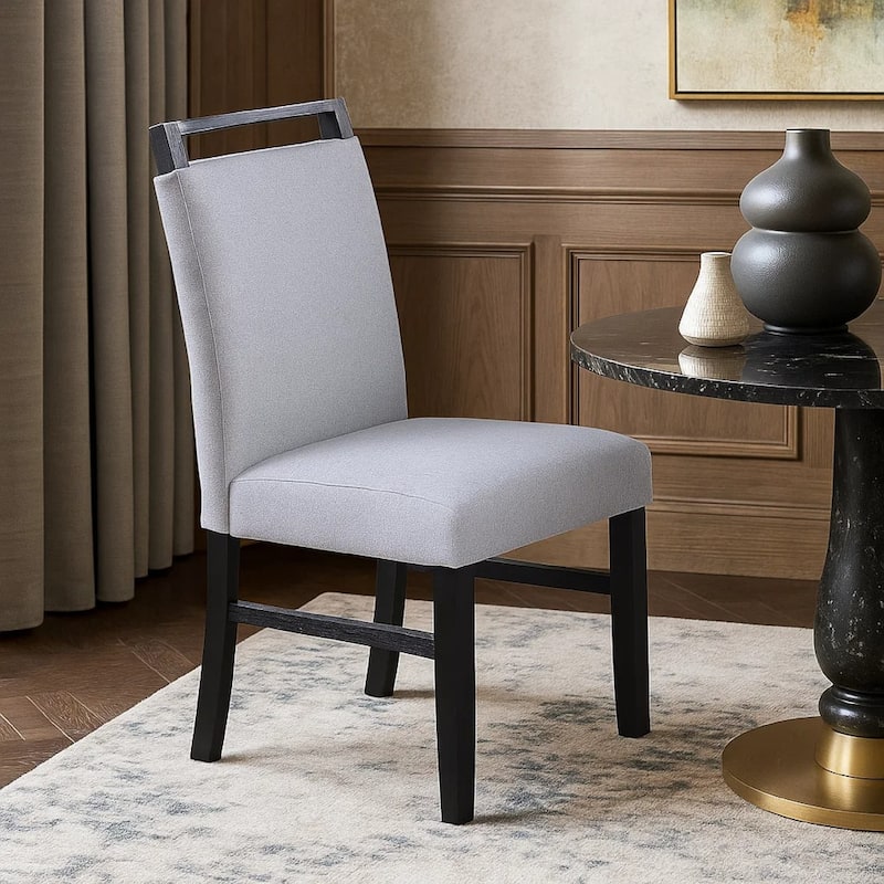 Dining Side Chair Set of 2, Charcoal Gray Fabric Foam Seat, Black Rubberwood