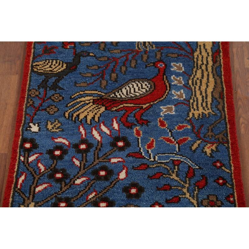 Animals Design Blue Ziegler Indian Runner Rug Hand-Knotted Wool Carpet - 2'6"x 7'11"