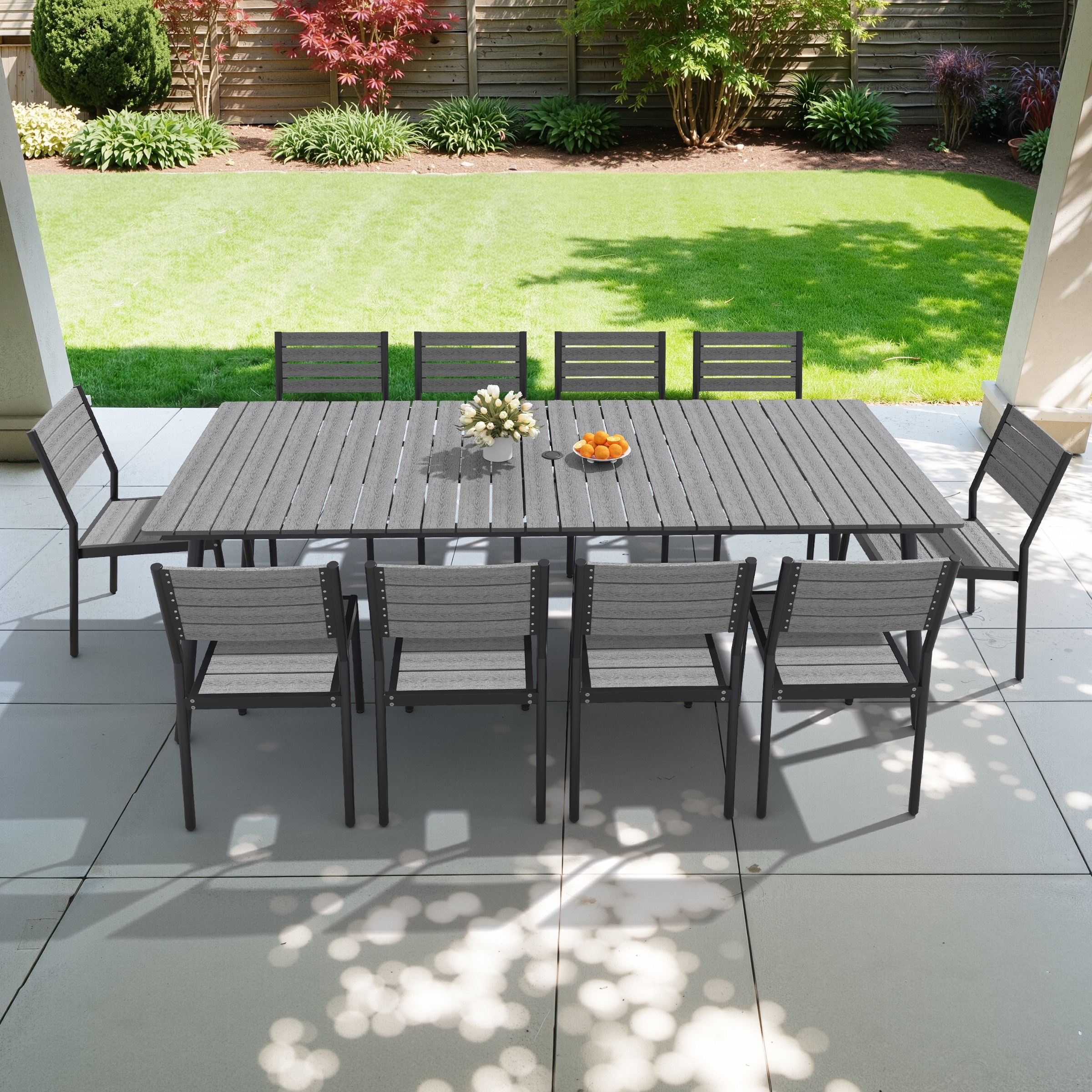 gray rectangular patio table with umbrella Half Moon Beach Outdoor Dining Built with an X 11-Piece Outdoor Dining Set, Stackable