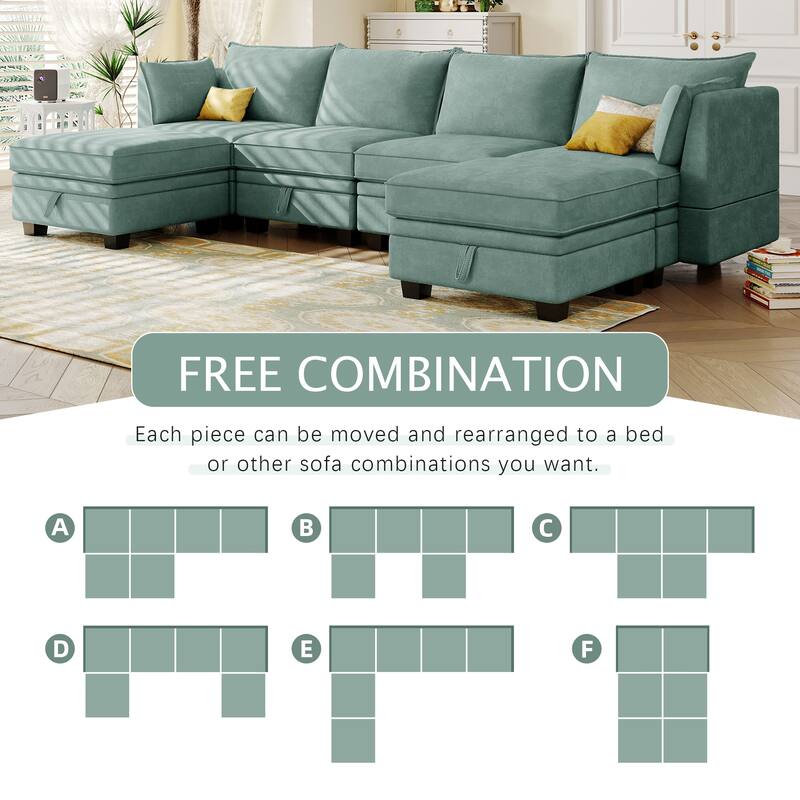 U-Shape Modular Sectional Sofa, Convertible Sectional Sofa Bed, Upholstered Sofa with Reversible Chaise & Ottoman