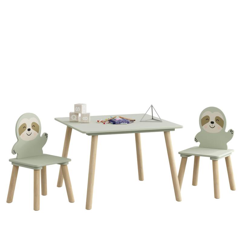 Kids Table and Chair Set with 2 Cute Sloth Chairs, Wooden Toddler Activity Table, Cute Animal Design Play & Study Set