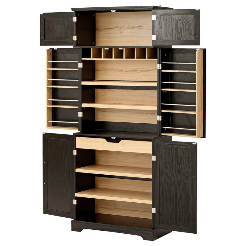 78.2" Kitchen Pantry Cabinet, Farmhouse Storage Cupboard with 8 Door Shelves, 4 Adjustable Shelves, Hidden Drawer & Wine Rack
