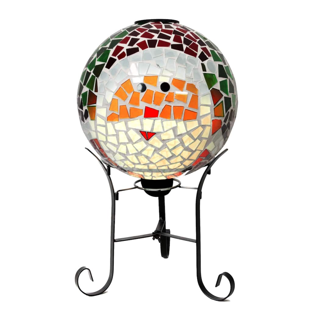 Alpine Corporation HGY362A-SLR 10" Diameter Solar Santa Mosaic Glass Gazing Globe with Foldable Metal Stand, 17"Tall with Stand