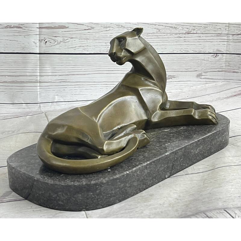 Handcrafted Henry Moore Mountain Lion Bronze Sculpture Marble Base Figurine