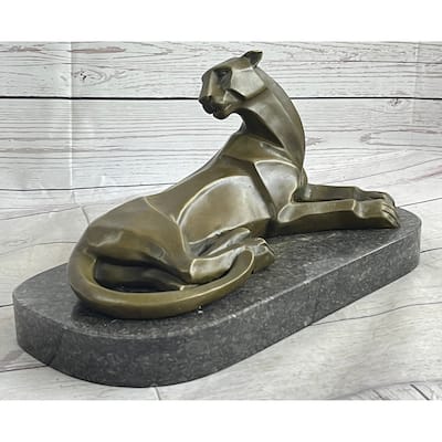 Handcrafted Henry Moore Mountain Lion Bronze Sculpture Marble Base Figurine
