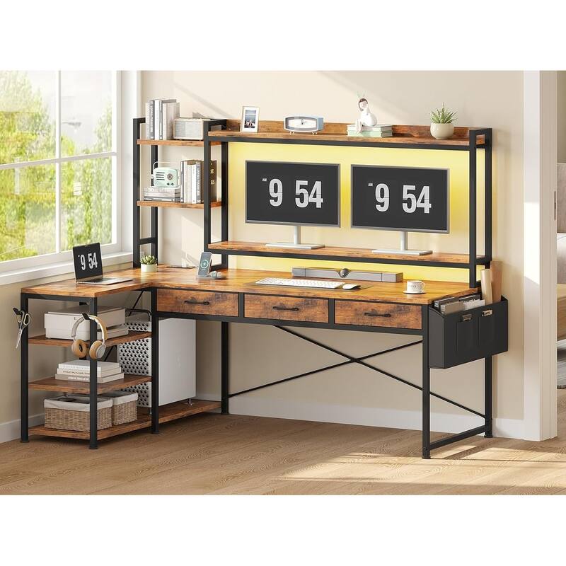 55" L Shaped Gaming Desk Corner Computer Desk Fabric Drawers - Brown