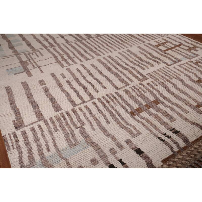 Earth Tone Moroccan Modern Area Rug Hand-Knotted Stripe Wool Carpet - 8'9" x 12'4"