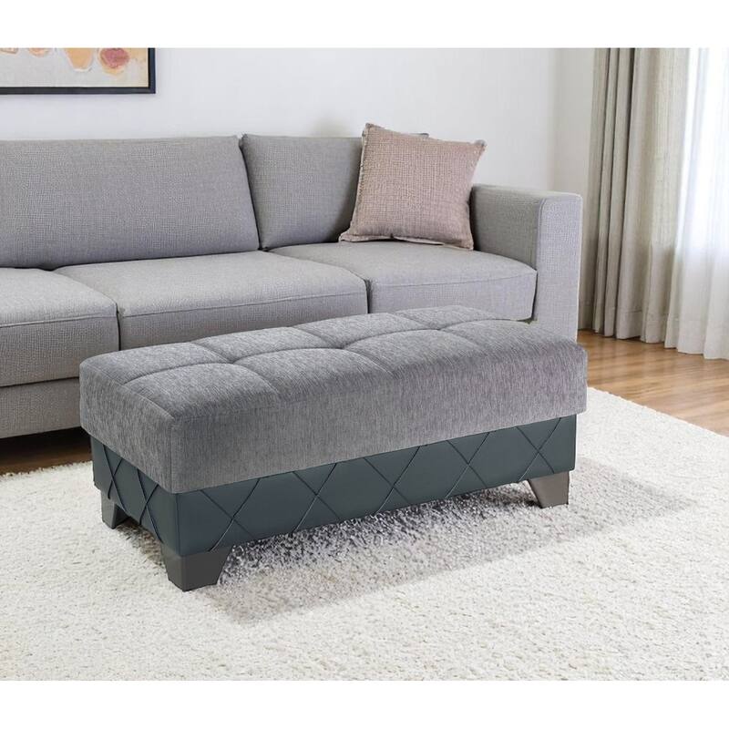 HomeRoots 48" Gray and Brown Chenille And Faux Leather Tufted Storage Ottoman - Gray - 48' X '17' X '24
