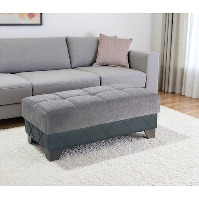 HomeRoots 48" Gray and Brown Chenille And Faux Leather Tufted Storage Ottoman
