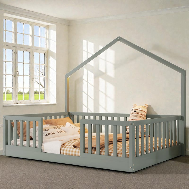 Wood Floor Bed with High Guardrails and LED Light, Montessori Style Low Profile Bed for Kids - Grey - Full