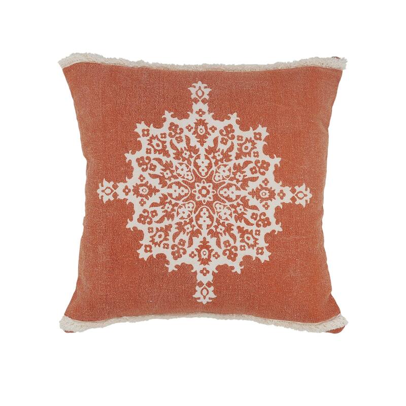Handwoven Floral Medallion Cotton Throw Pillow Cover - 20" - Orange and White