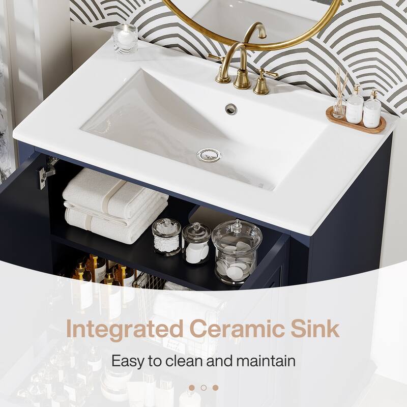 Modern Freestanding Solid Wood Bathroom Vanity with Ceramic Sink, Adjustable Shelf Storage