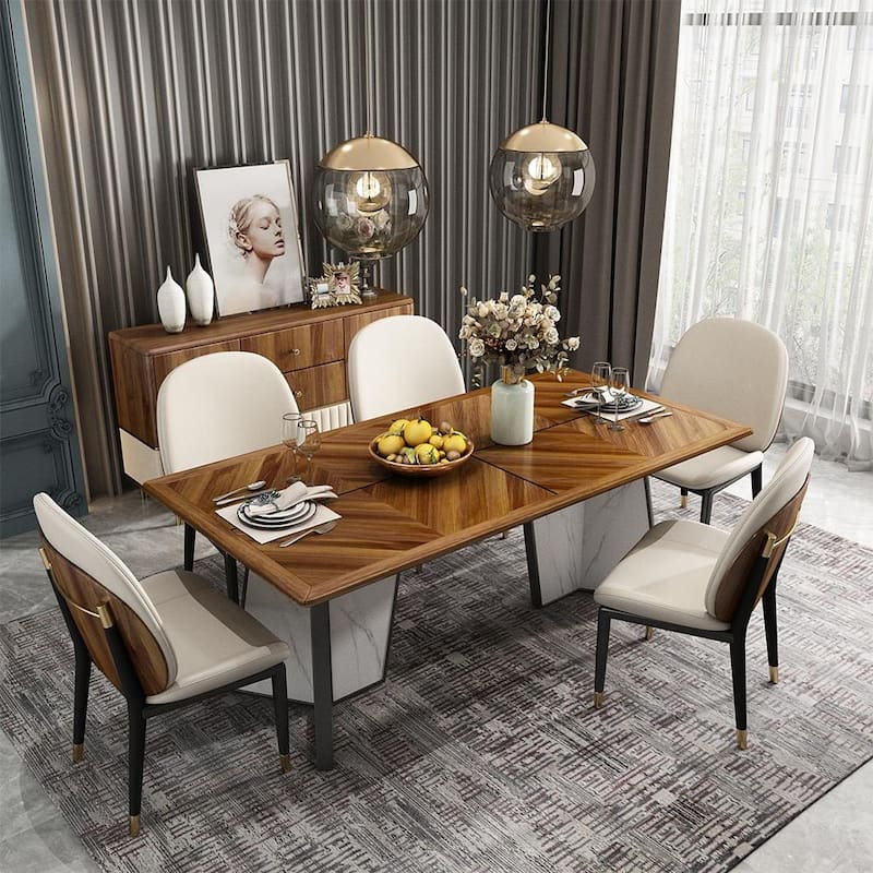 71" Modern Wood Dining Table, Ebony Solid Wood Tabletop , Sintered Stone & Stainless Steel Pedestal - Ebony&White