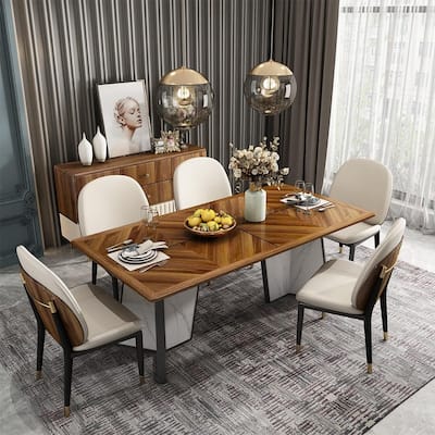 71" Modern Wood Dining Table, Ebony Solid Wood Tabletop , Sintered Stone & Stainless Steel Pedestal
