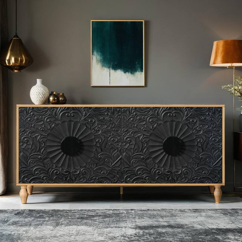 Carved Symmetrical Design Door And Wood Coloured Frame For TV Stand Table,Living Room ,Entryway