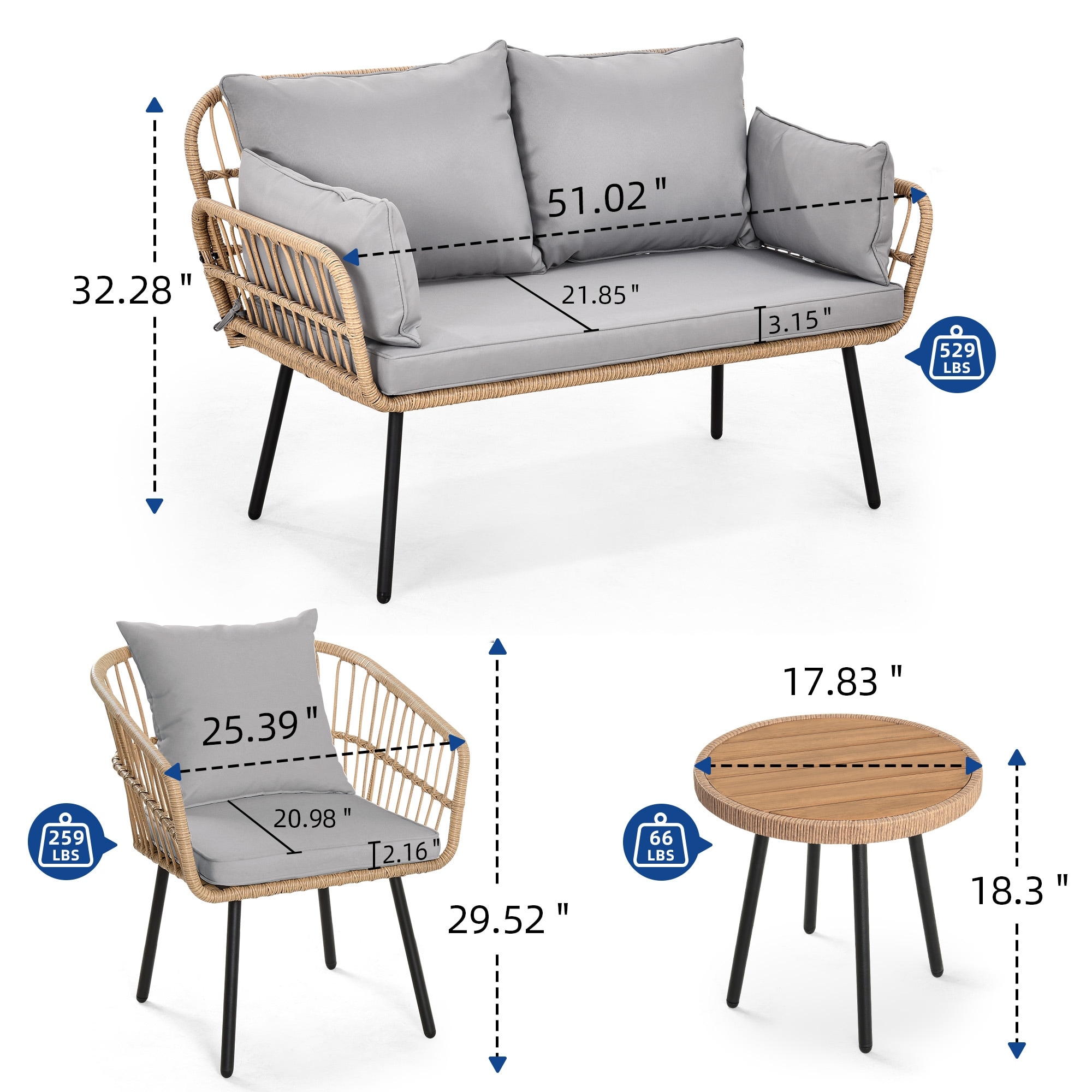 Moasis Outdoor Patio All-Weather Wicker Loveseat/Bistro Set/Sectional Sofa with Cushions and Lumbar Pillows