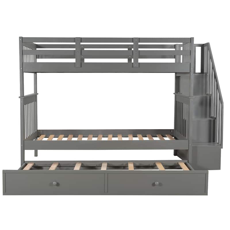 Stairway Bunk Bed with Trundle, Storage and Guard Rail for Bedroom, Dorm