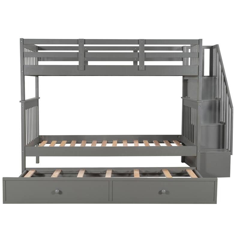Stairway Twin Over Twin Bunk Bed with Twin Size Trundle & Stairs Storage, Detachable Solid Wood Triple Bedframe, for Kids Teens