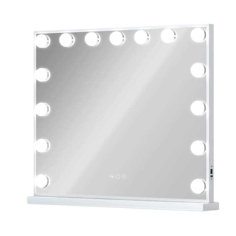 Makeup Mirror with 15 Dimmable LED Bulbs 3 Colors Lights & USB Charge Port, Slim Metal Frame Design, Tabletop/Wall