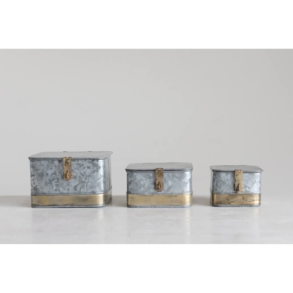 Decorative Galvanized Metal Boxes with Lids & Brass Accents (Set of 3 Sizes)