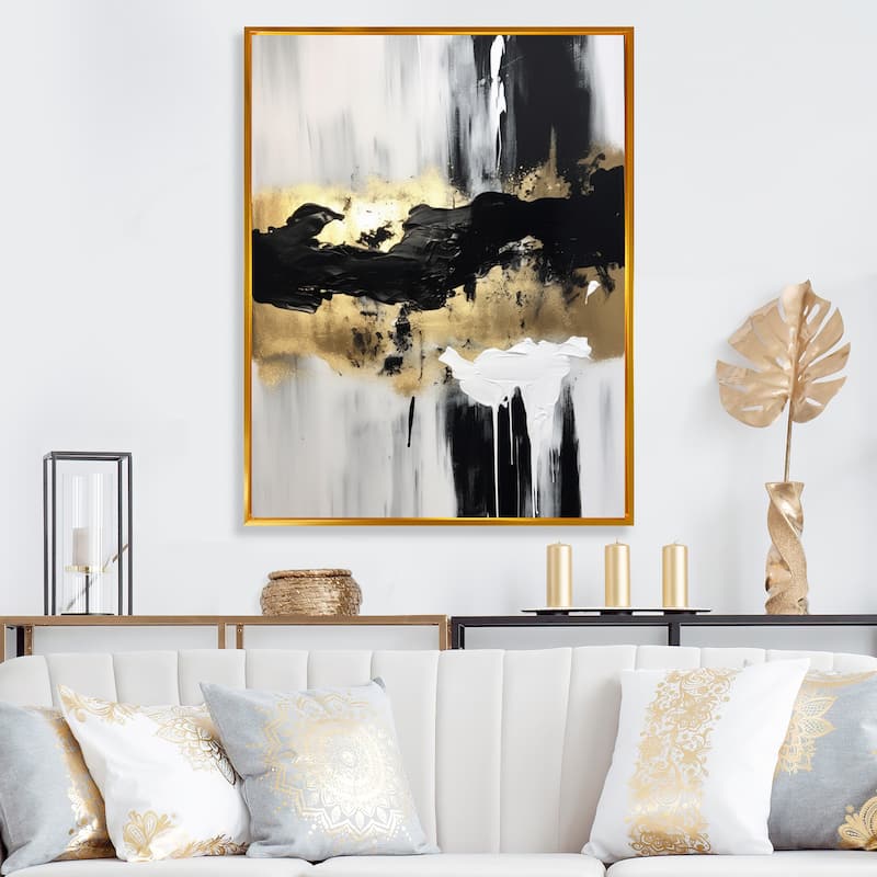 Designart "Minimal Joy In Black And Gold IX" Abstract Painting Framed Canvas Wall Art - 30 in. wide x 40 in. high - Gold
