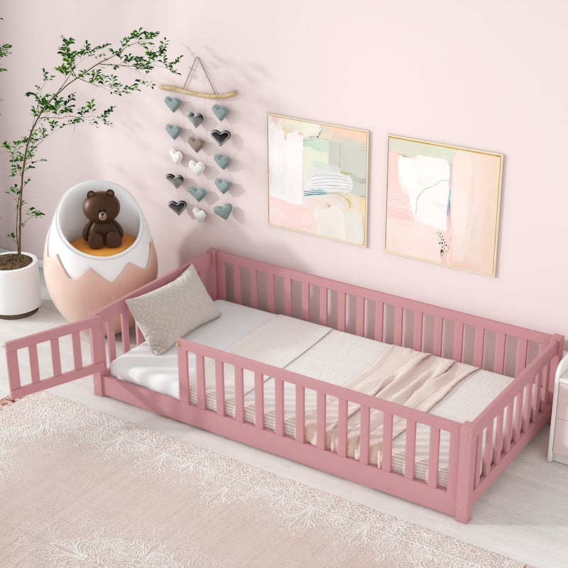 Twin Size Pine Wood Floor Platform Bed with Safety Fence and Door,7-Slat Design