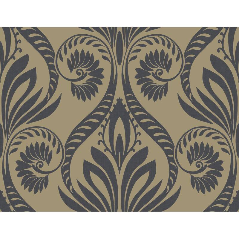 Seabrook Designs Bonaire Damask Unpasted Wallpaper - 27 in. W x 27 ft. L - Tan and Charcoal