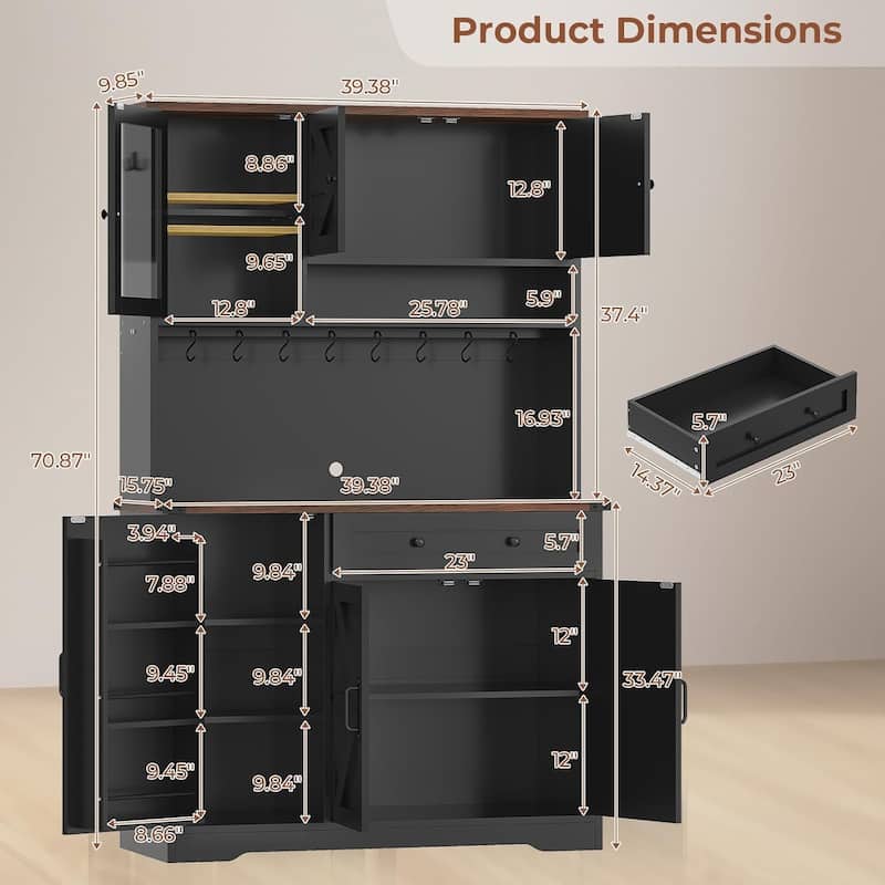 Farmhouse Kitchen Pantry Cabinet Drawer & Doors Adjustable Shelf