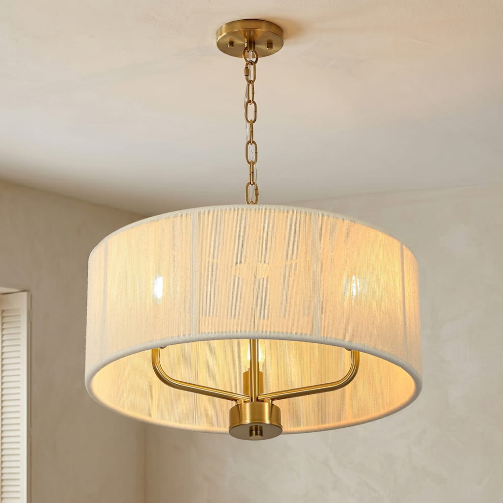 3-Light Farmhouse Gold Pendant Ivory Rope Fabric Chandelier with Beige Drum Shade - 17.7 in. Dia x 12.2 in. H