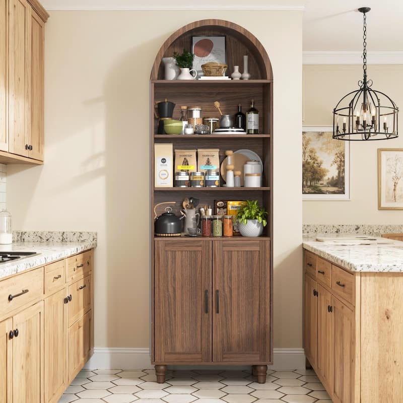 Modern Arched Wooden Bookcase Cabinet with Storage - Walnut