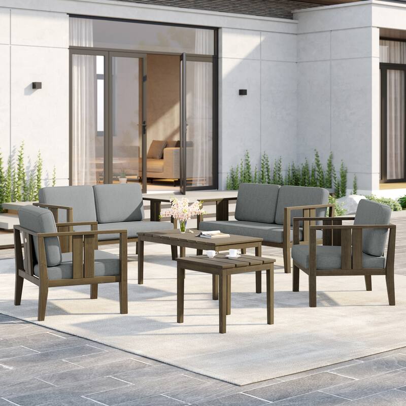 6-Piece Outdoor Furniture Solid Teak Patio Conversation Set with Table - Grey - Naturalframe