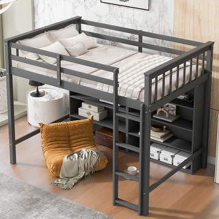 Multifunctional Design Wood Loft Bed with 8 Open Storage Shelves and Built-in Ladder, Solid Construction