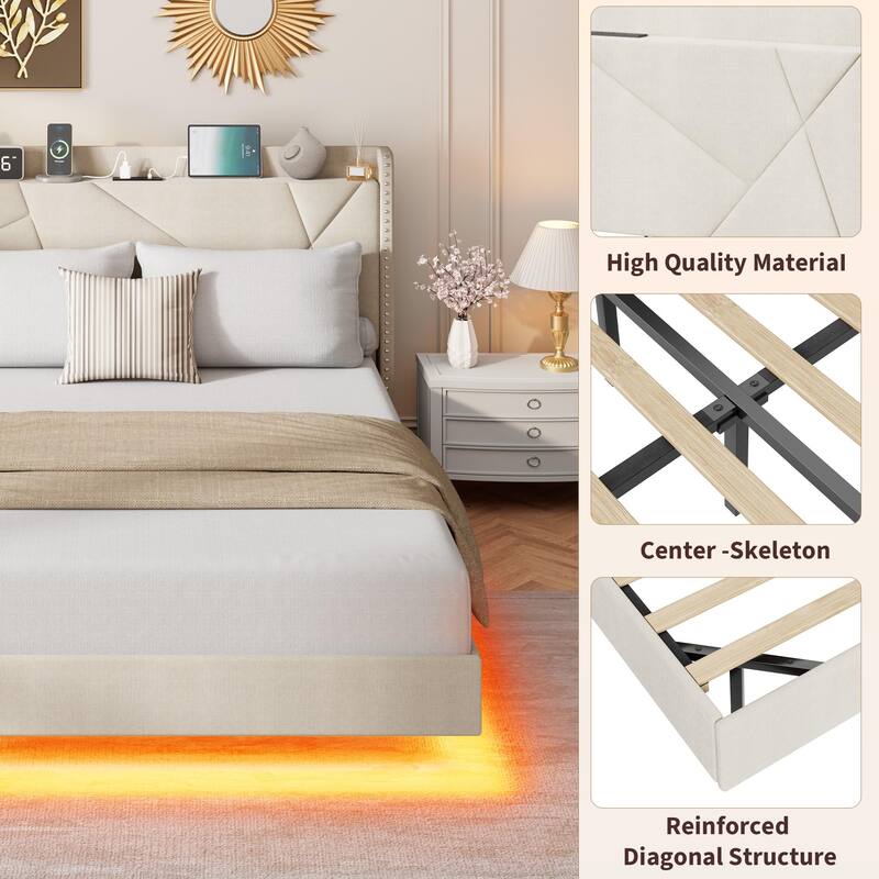 Full/Queen Floating Bed Frame with LED Lights & Charging Station, Upholstered Platform Beds with Storage Headboard