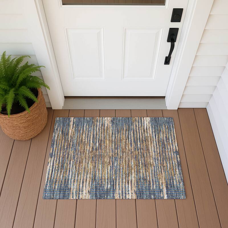 Machine Washable Indoor/ Outdoor Casual Keystone Chantille Rug - Navy - 1'8" x 2'6"