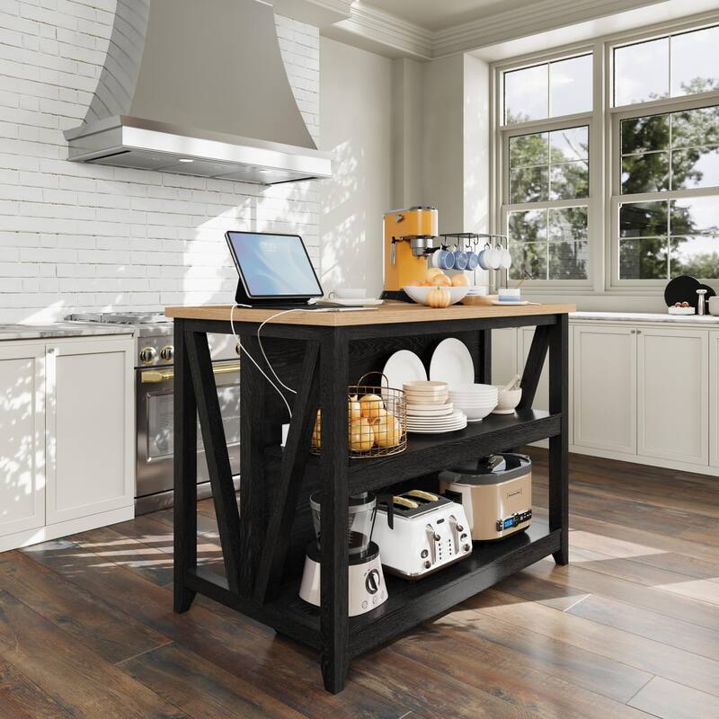 Large Kitchen Island with Storage, Dining Table Set with Power Outlet & LED Lights, 47.2" Coffee Bar Table